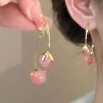 Aros Colgantes Cerezas Esferas Rosadas y Rama Dorada A1799