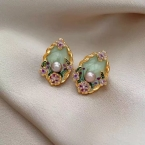 Aros Pasantes Vintage Barroco Óvalo Menta con Flor y Perla A2425