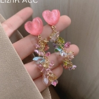 Aros Colgantes Corazón Rosa con Cascada de Cristales E6911