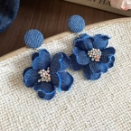 Aros Colgantes Flor Textil Denim Azul E6959