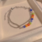 Pulsera Doble Cadena Plateada con Flores Esmaltadas Multicolor S259