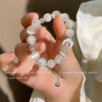 Pulsera de Cuentas Símil Piedra Luna con Dije Colgante y Cadena S594