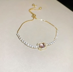 Pulsera Tennis Ajustable Dorada con Halo Cuadrado S847